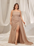 Plus Glitter One Shoulder Split Thigh Draped Side Party Dress - Elonnashop