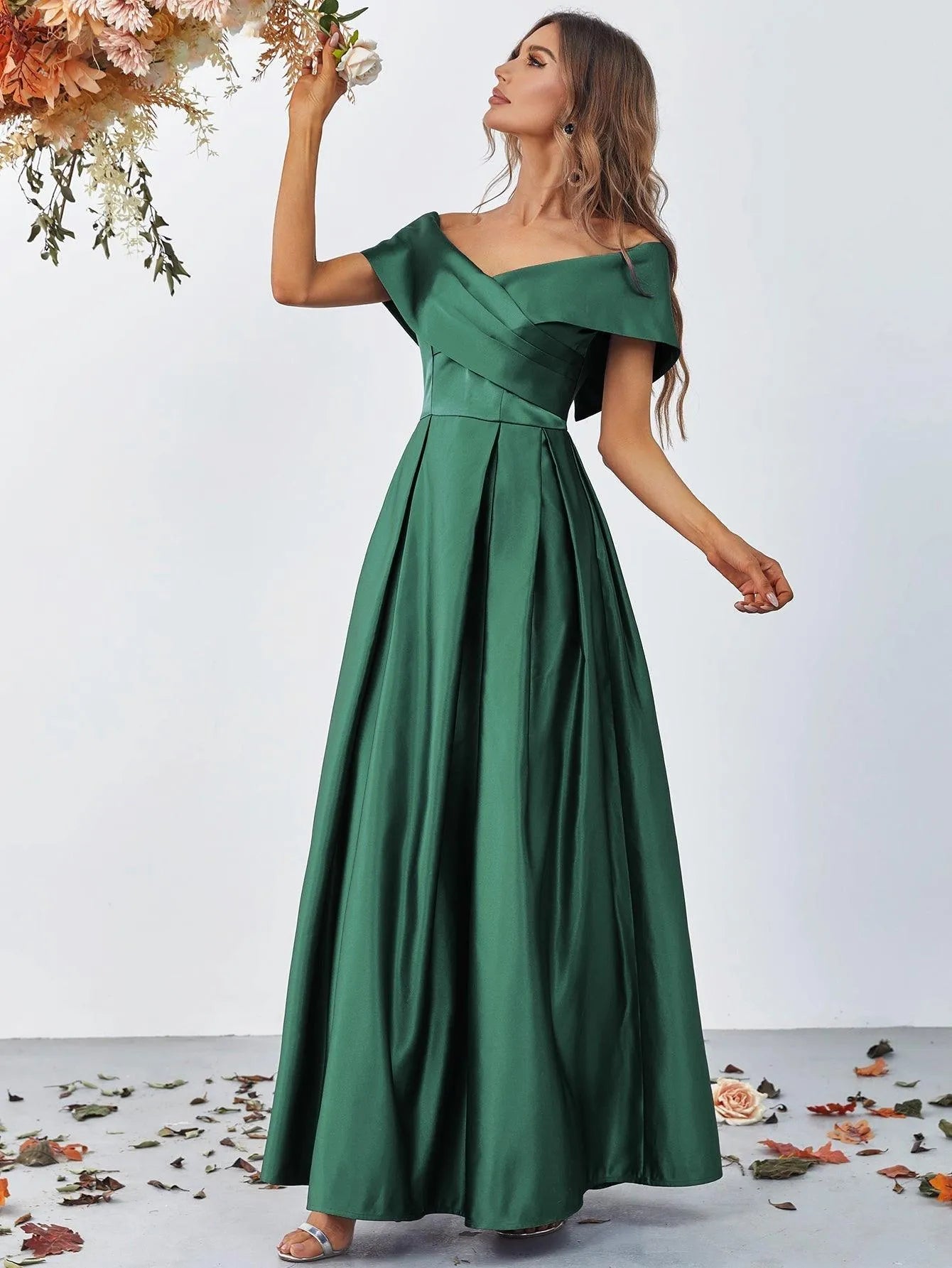 Off Shoulder Fold Pleated Detail Satin A Line Dress - Elonnashop