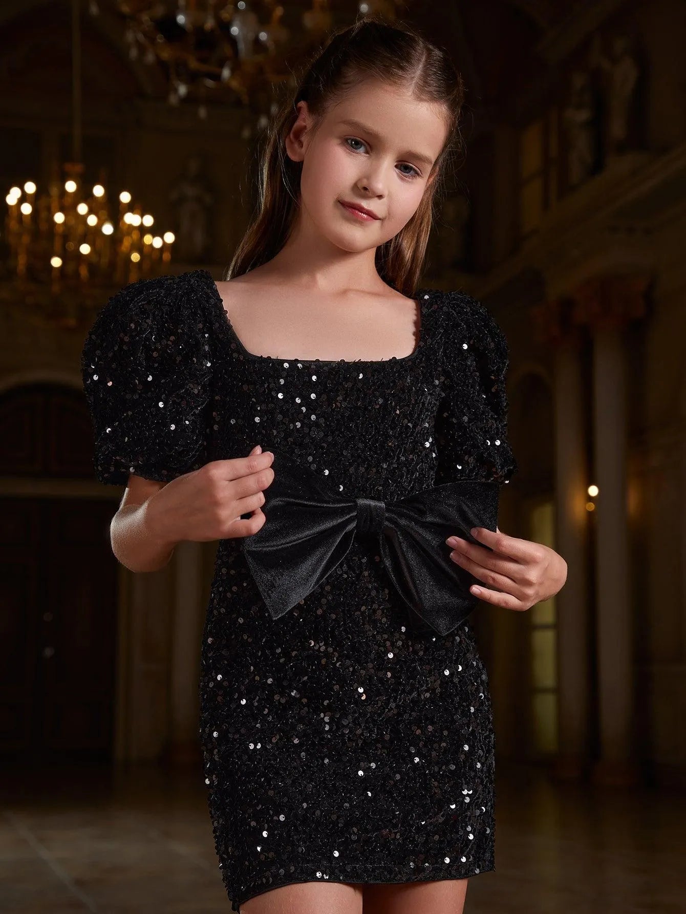 Tween Girls' Square Neck Bow Front Sequin Dress - Elonnashop