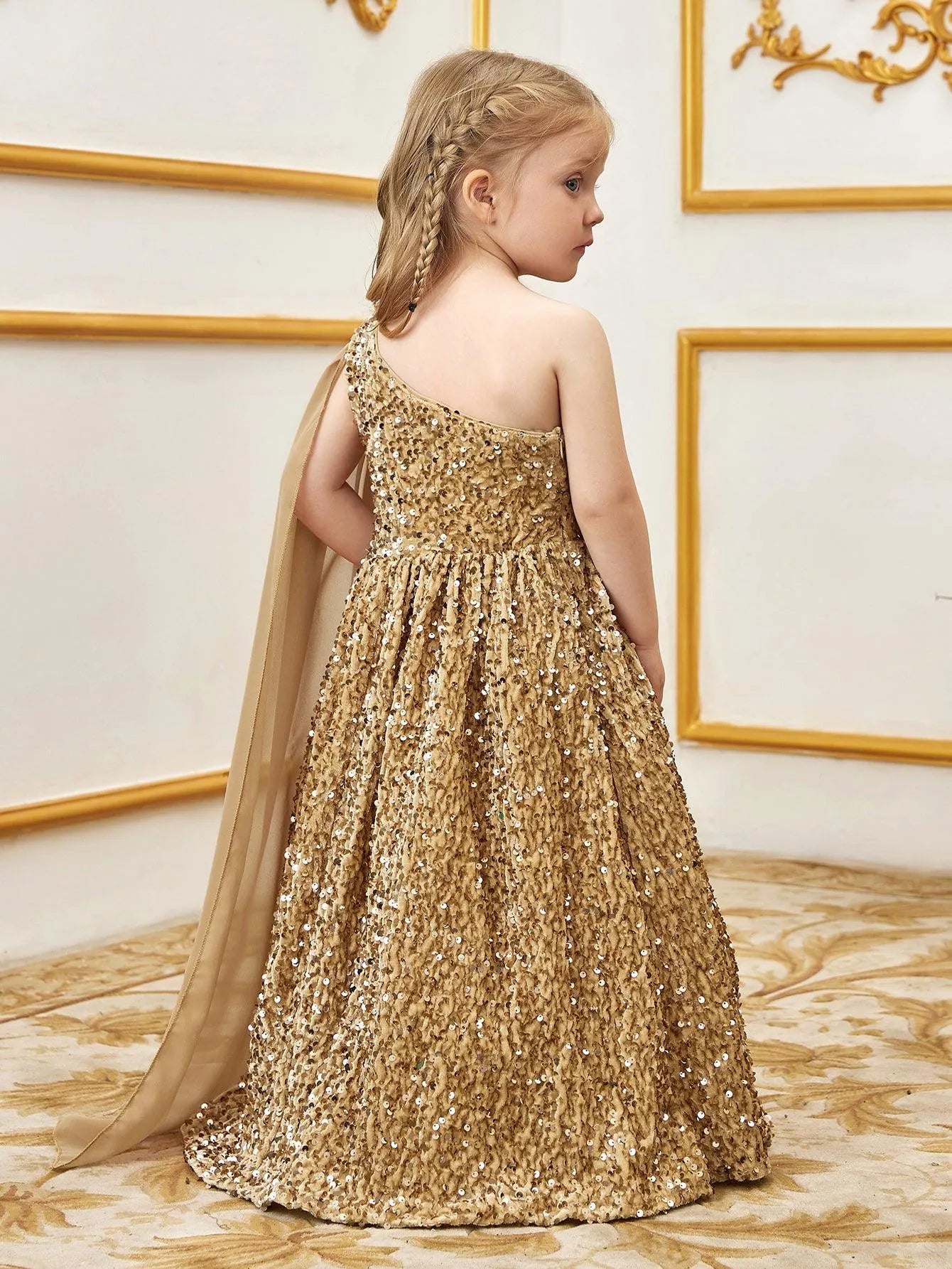 Young Girls' One Shoulder Draped Side Sequin A Line Dress - Elonnashop