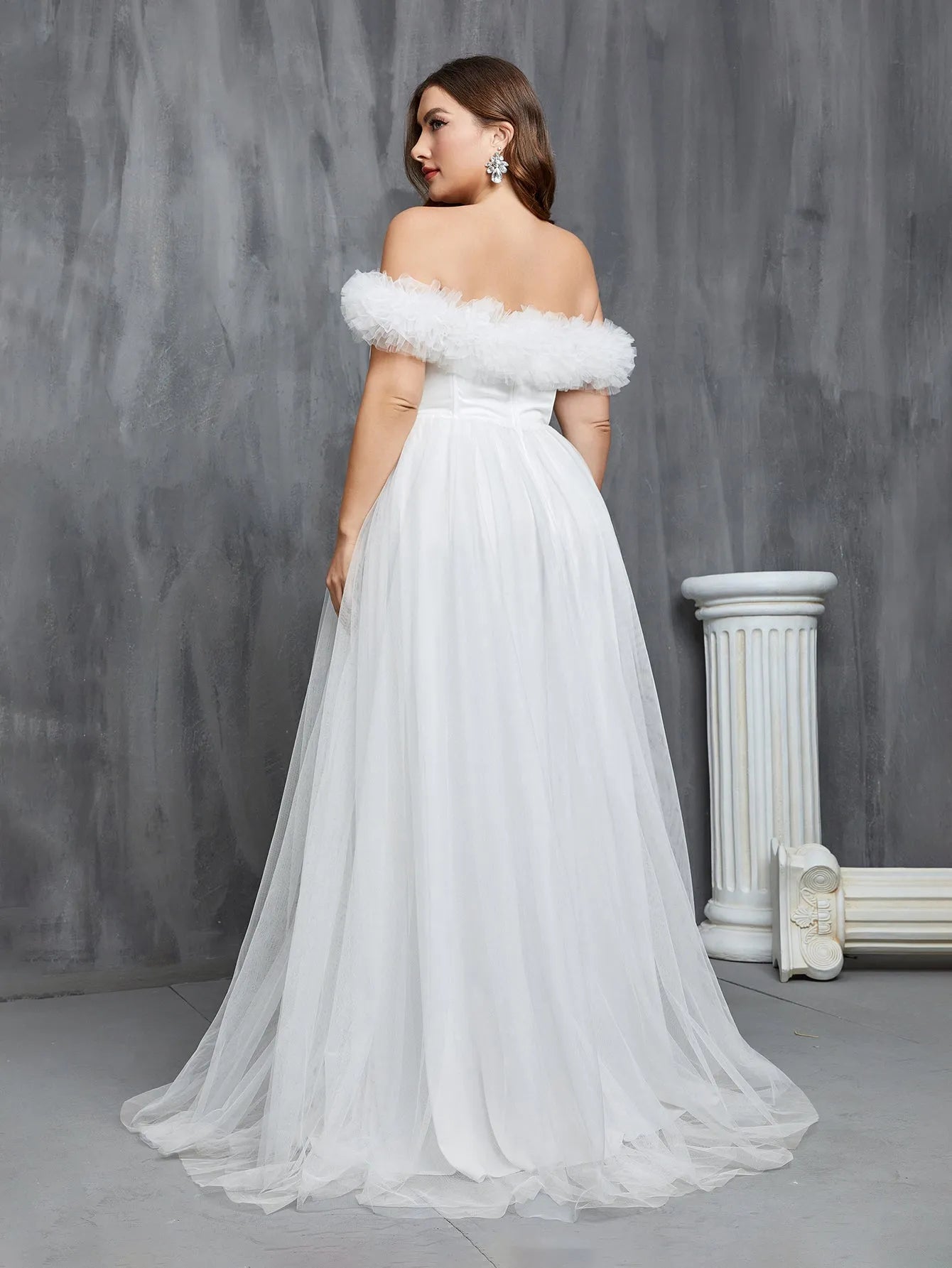 Plus Ruffle Trim Off Shoulder A Line Tulle Wedding Dress