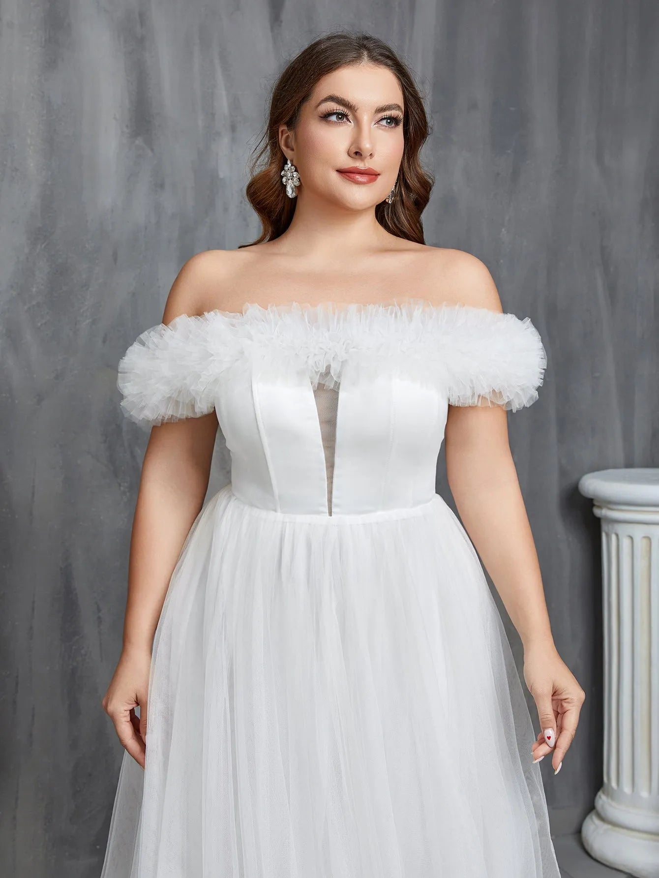 Plus Ruffle Trim Off Shoulder A Line Tulle Wedding Dress