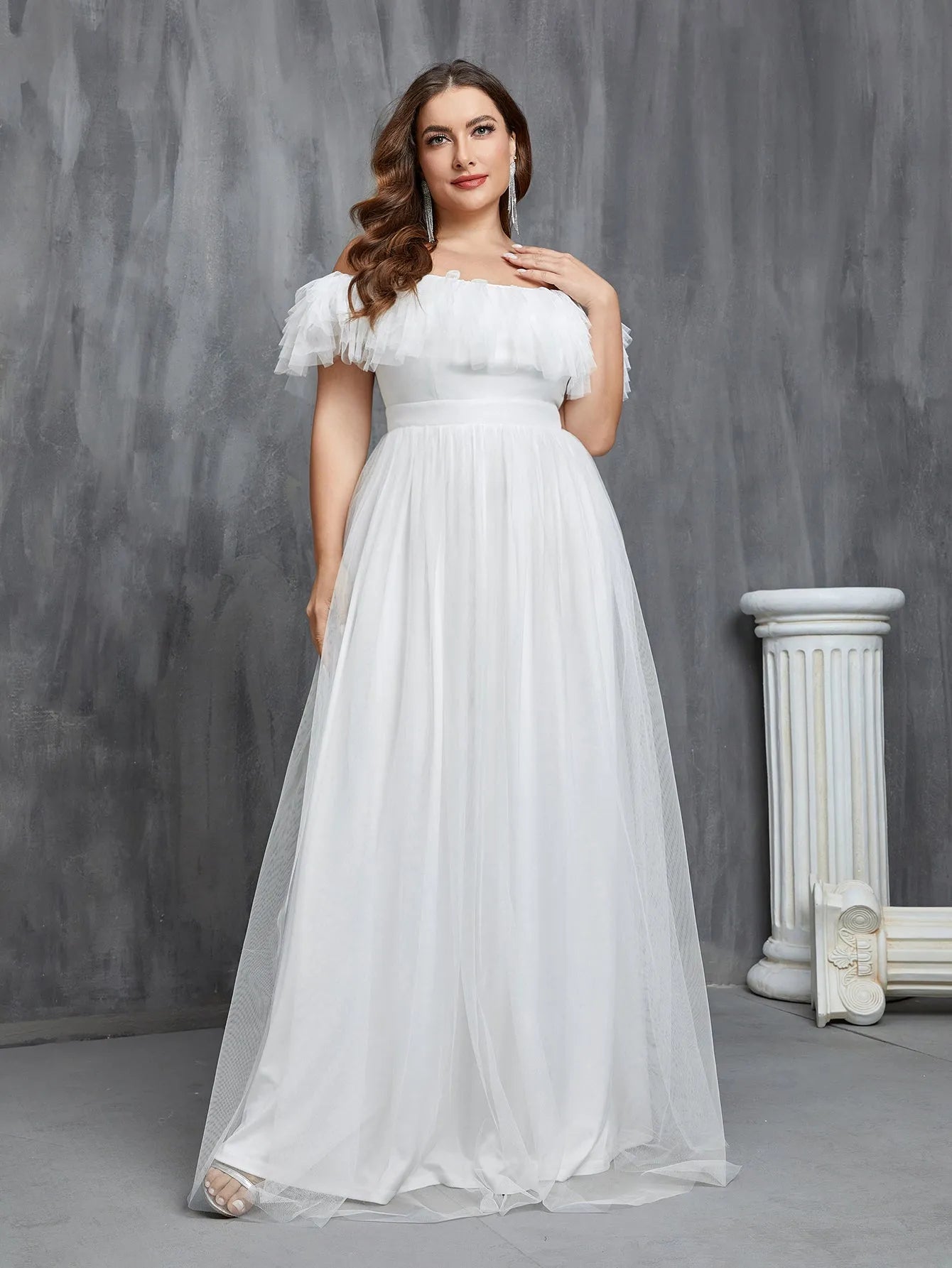 Plus Elegant Ruffle Trim Off Shoulder Tulle Wedding Dress