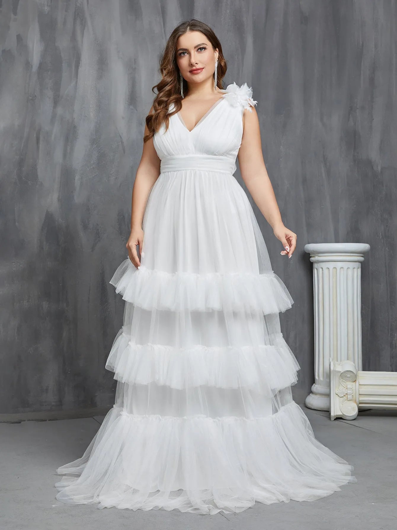 Plus Deep V Neck Sleeveless Layered Tulle Wedding Dress