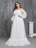 Plus Off Shoulder Lantern Sleeve Mesh Wedding Dress