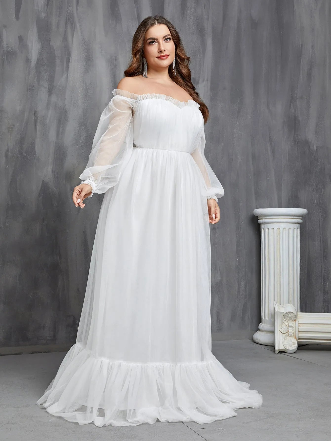 Plus Off Shoulder Lantern Sleeve Mesh Wedding Dress