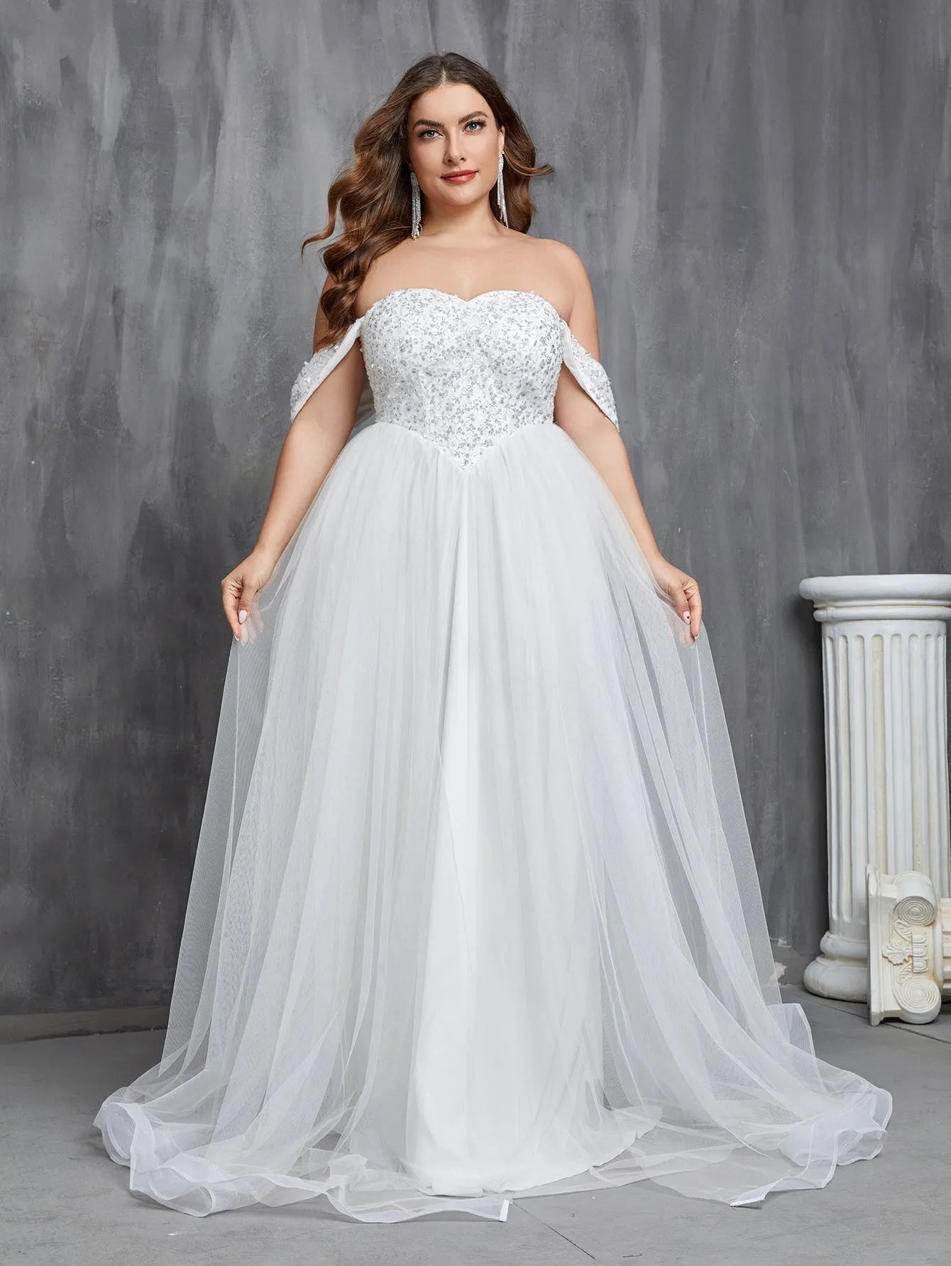 Plus Off Shoulder Sequin Bodice Contrast Tulle Hem Wedding Dress