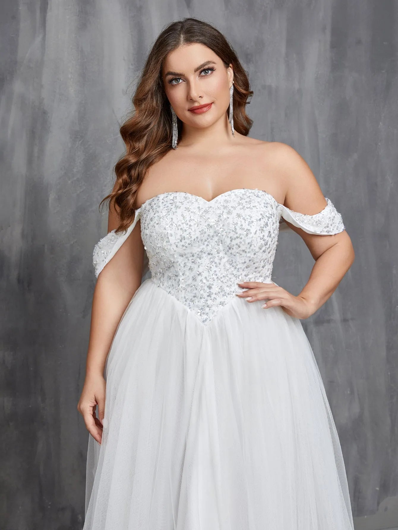 Plus Off Shoulder Sequin Bodice Contrast Tulle Hem Wedding Dress