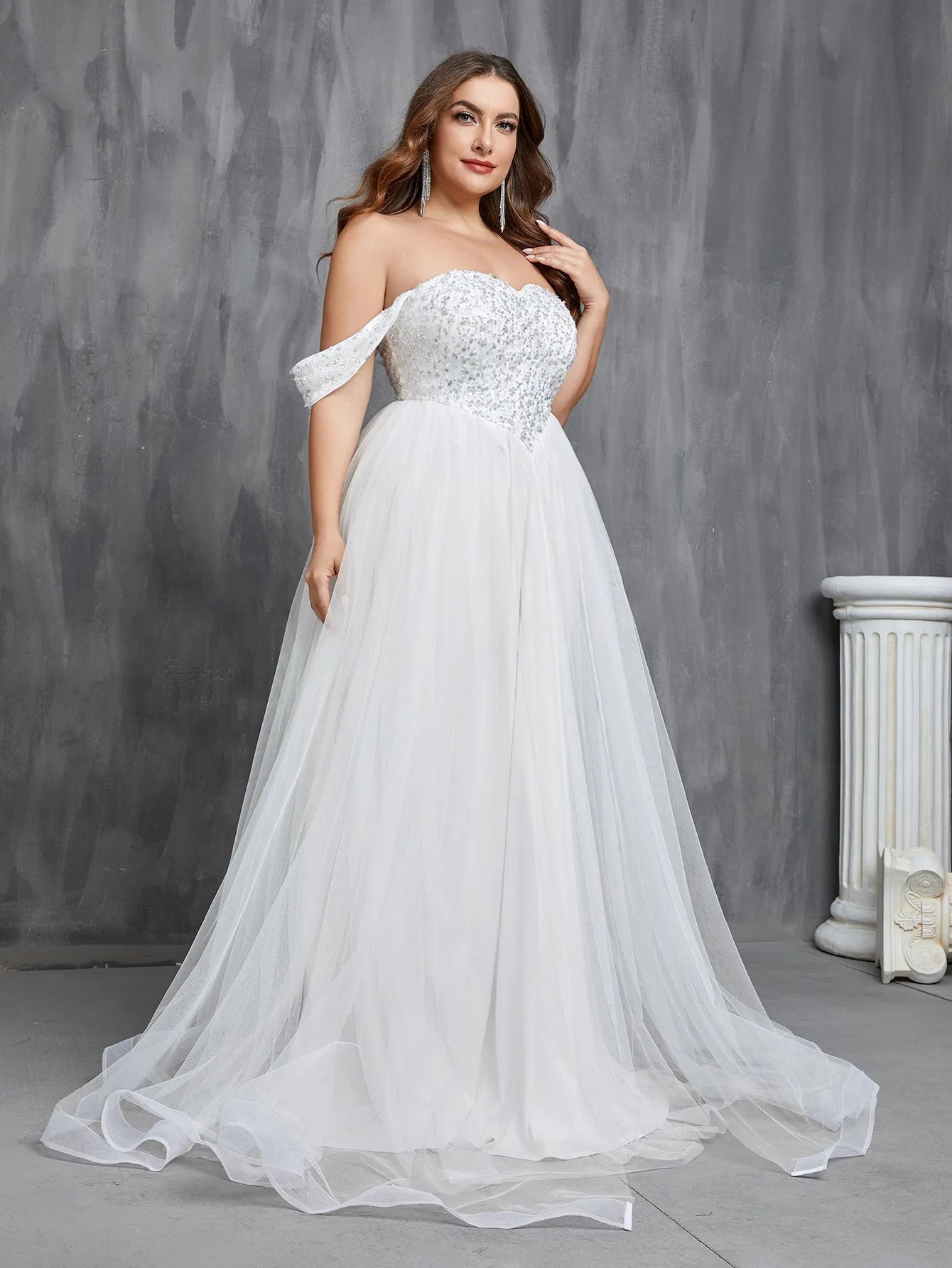 Plus Off Shoulder Sequin Bodice Contrast Tulle Hem Wedding Dress