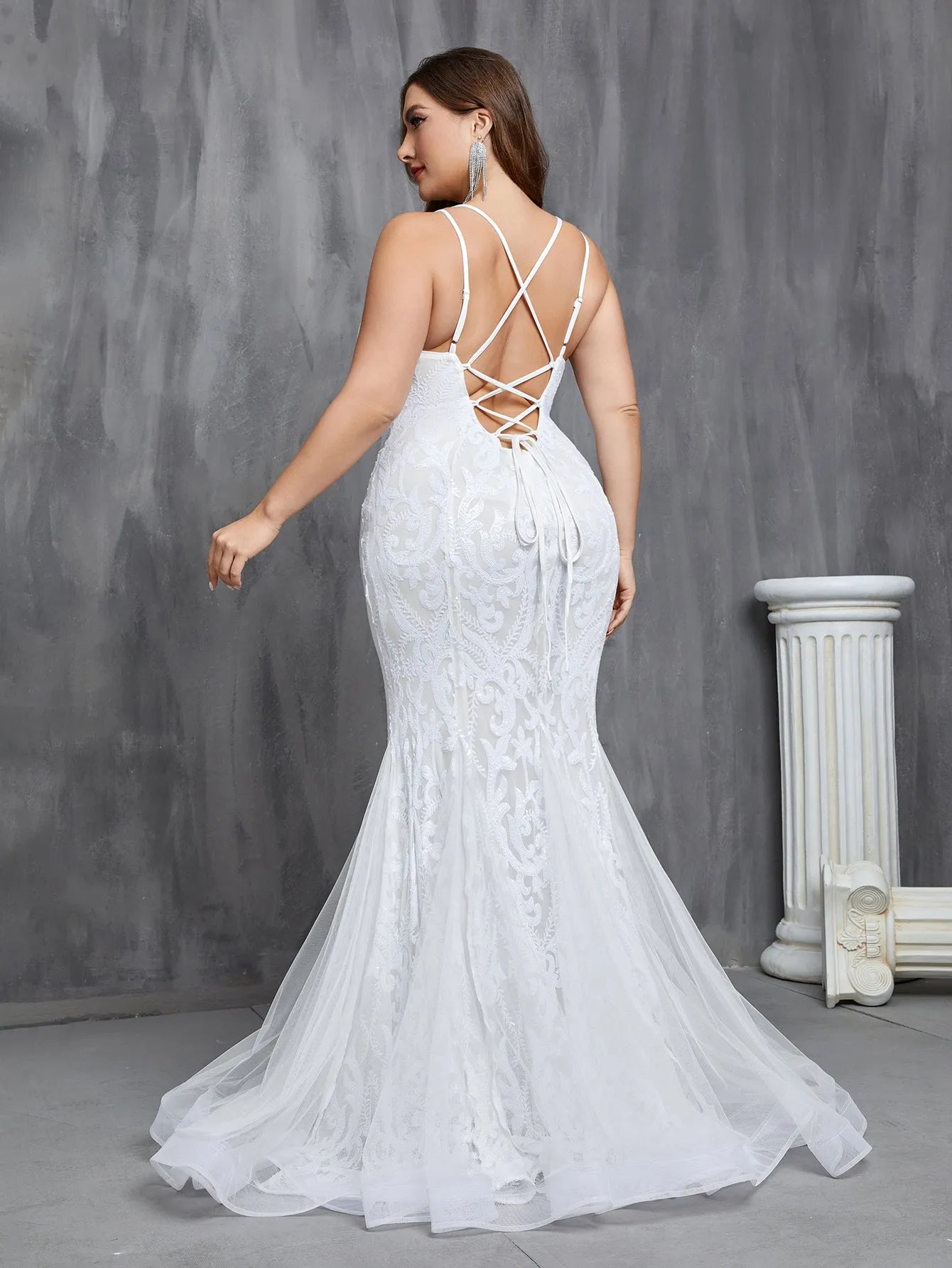 Plus Stylish Lace-up Back Mermaid Hem Sequin Wedding Dress