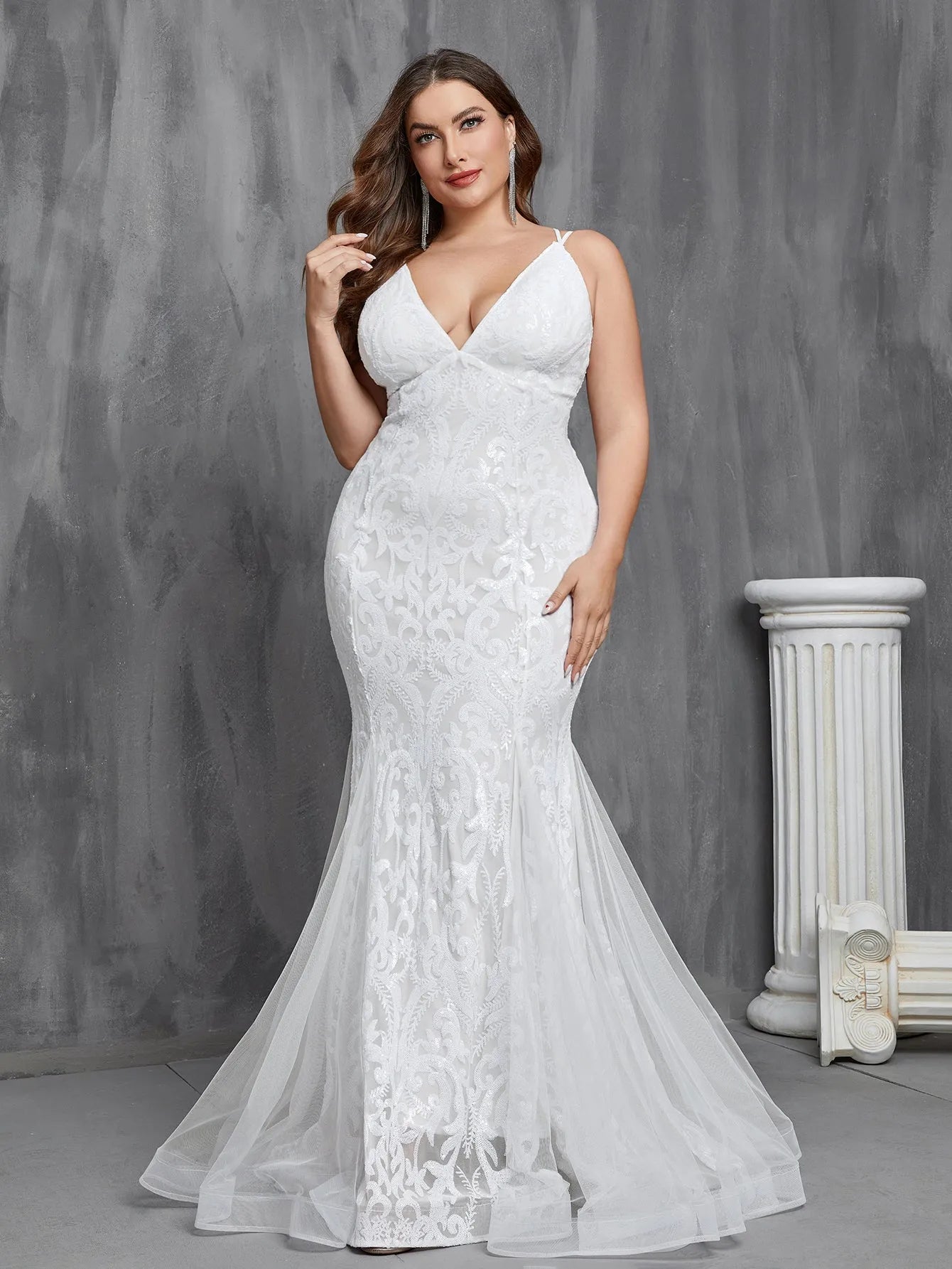 Plus Stylish Lace-up Back Mermaid Hem Sequin Wedding Dress