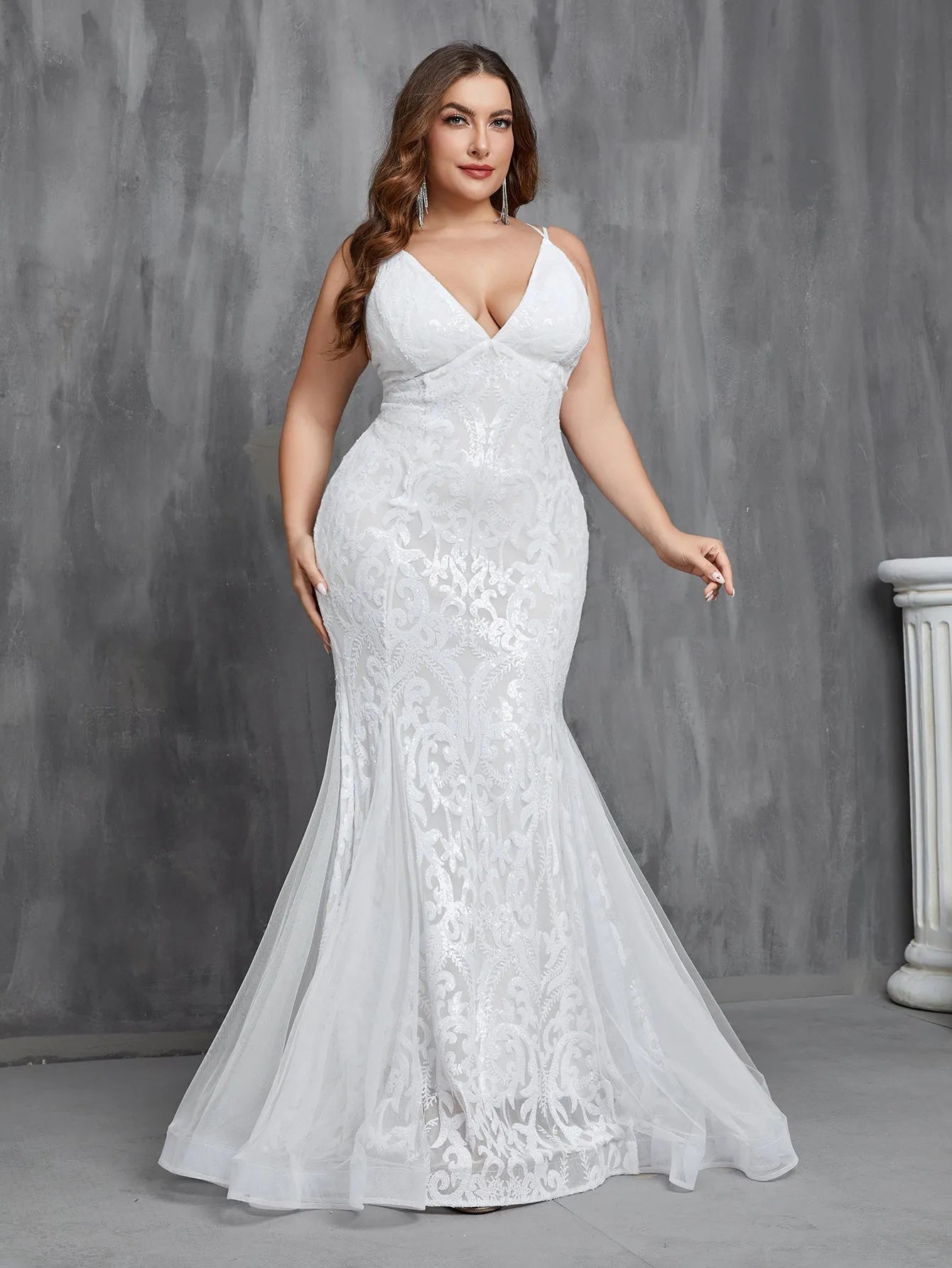 Plus Stylish Lace-up Back Mermaid Hem Sequin Wedding Dress