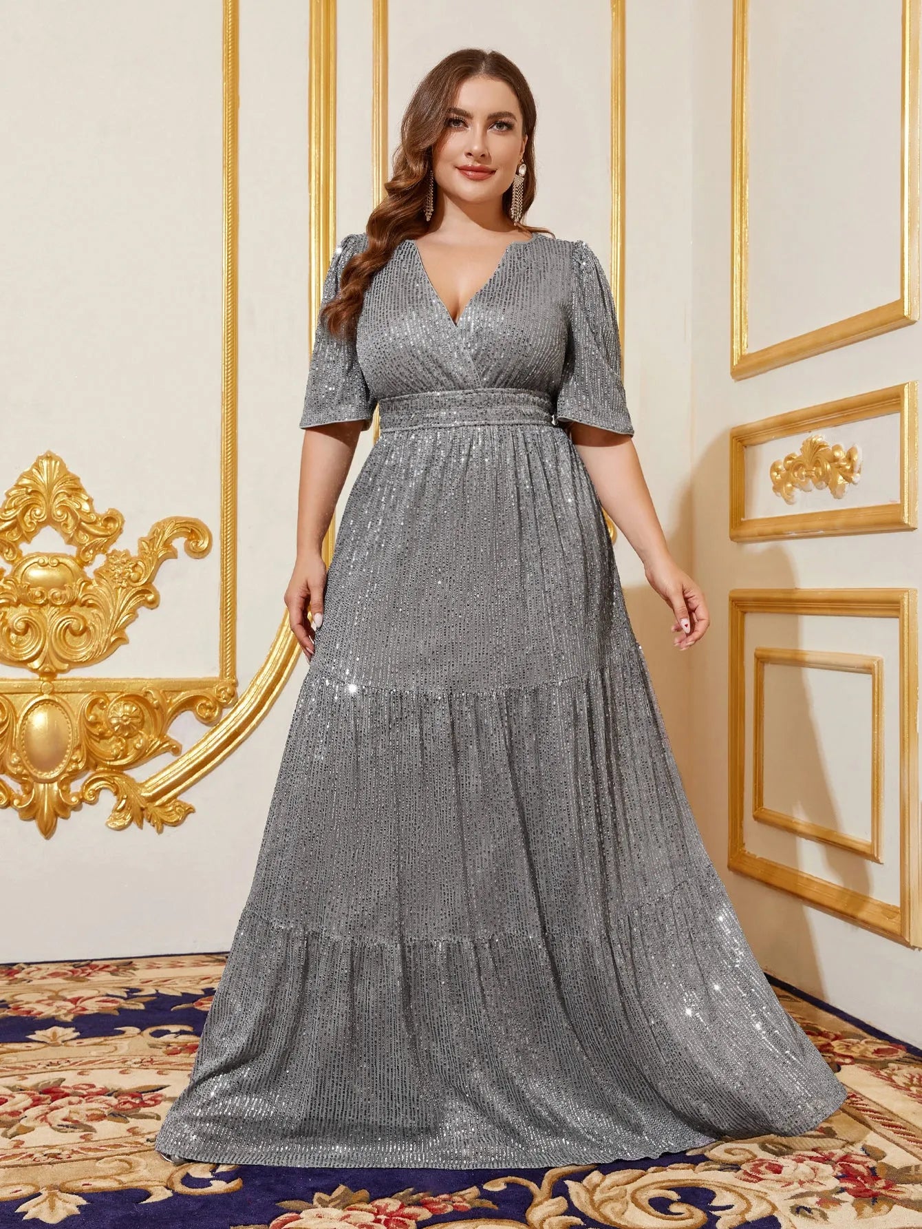 Plus Surplice Neck Half Sleeves A Line Sequin Formal Dress