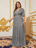 Plus Surplice Neck Half Sleeves A Line Sequin Formal Dress