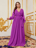 Plus Surplice Neck Long Sleeves Swiss Dot Belted Chiffon Party Dress