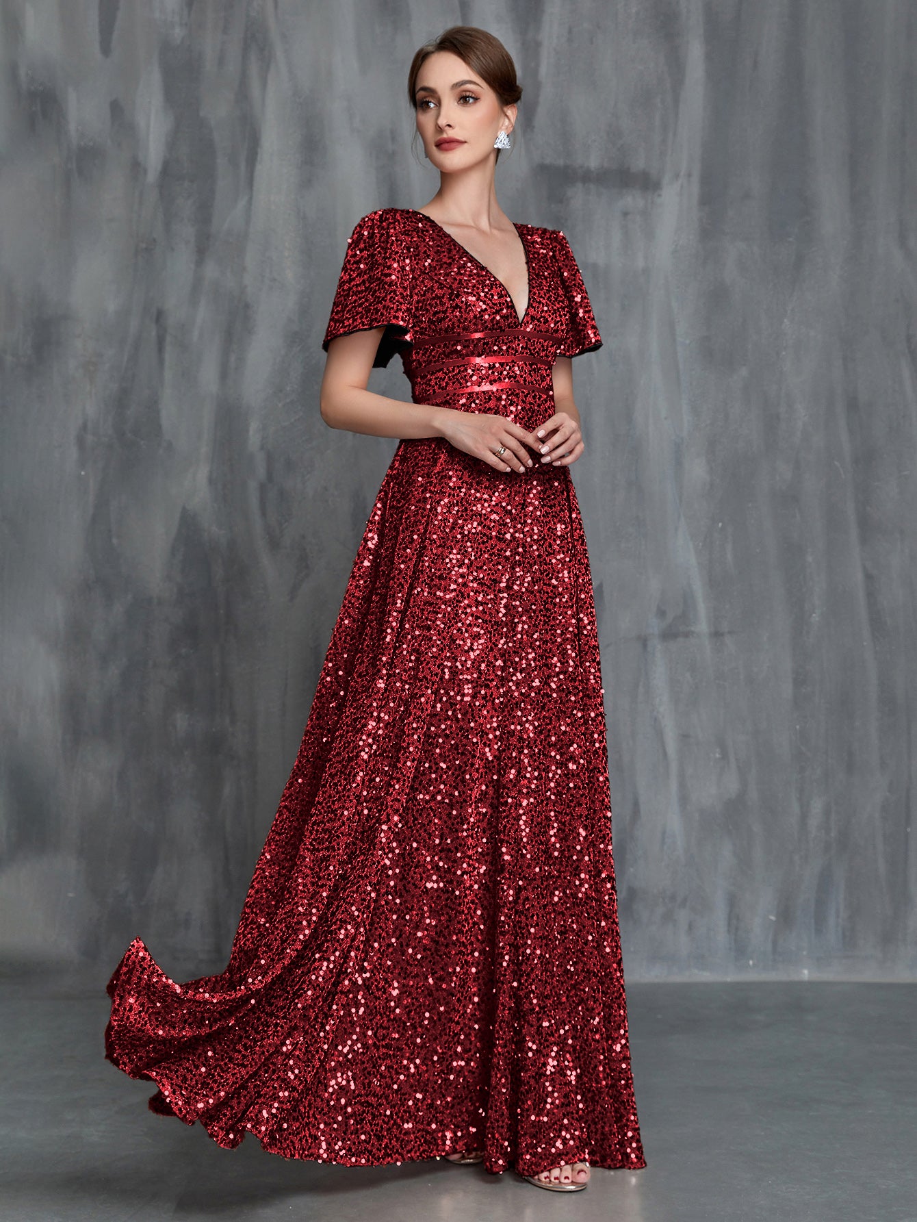 Womens' Plunging Neck Butterfly Sleeves Sequin Formal Dress Burgundy / L Womens' Plunging Neck Butterfly Sleeves Sequin Formal Dress Burgundy / L