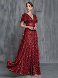 Womens' Plunging Neck Butterfly Sleeves Sequin Formal Dress