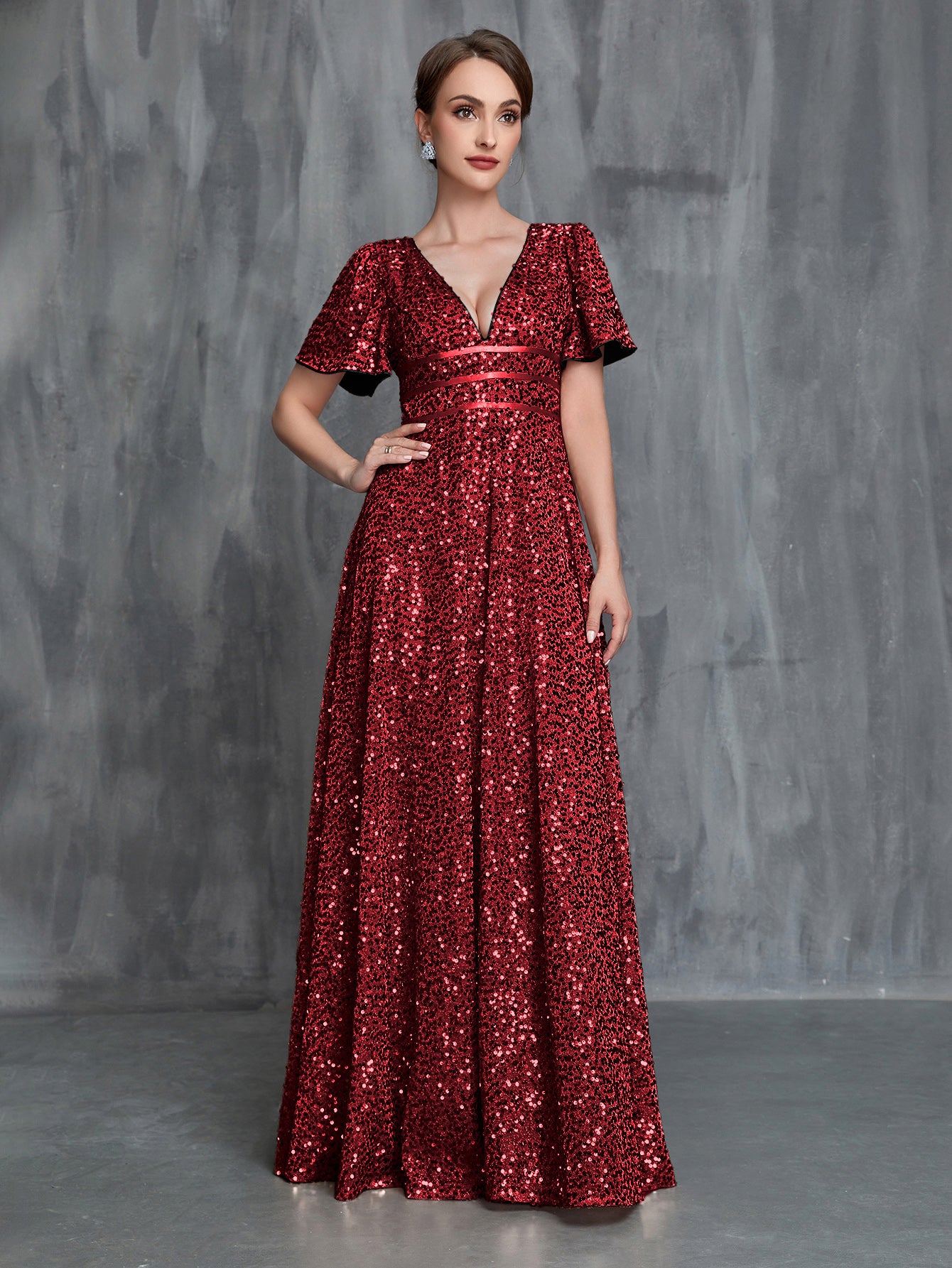 Womens' Plunging Neck Butterfly Sleeves Sequin Formal Dress Burgundy / L Womens' Plunging Neck Butterfly Sleeves Sequin Formal Dress Burgundy / L