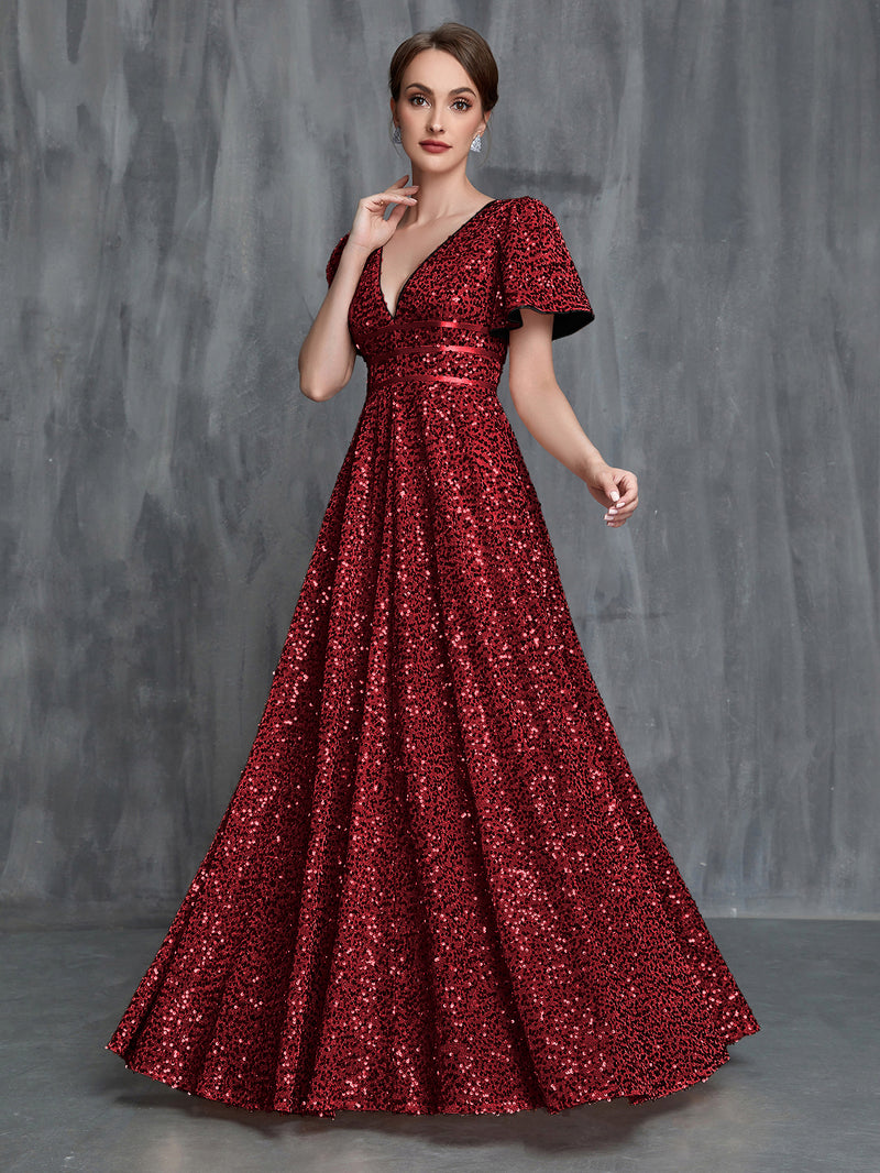 burgundy sparkle dress Glitter Burgundy Long V-neck Floor Length Simple Prom Dresses main image 0