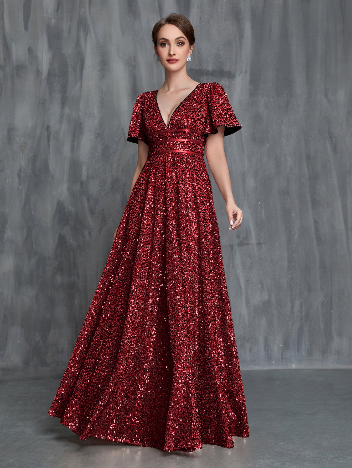 Womens' Plunging Neck Butterfly Sleeves Sequin Formal Dress - Burgundy / S Womens' Plunging Neck Butterfly Sleeves Sequin Formal Dress - Burgundy / S
