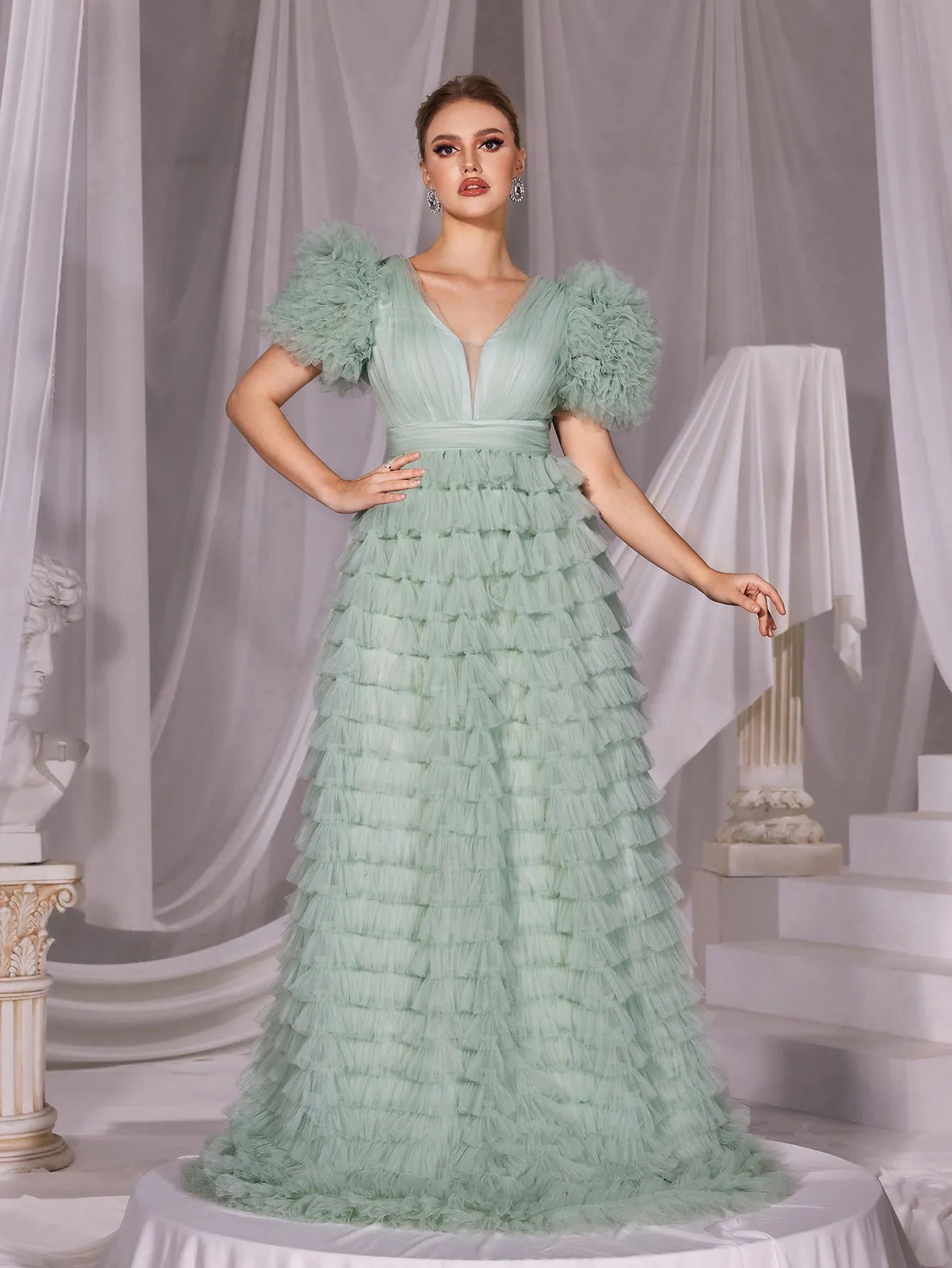 Ruffle Trim V Neck Puff Sleeves Cake Prom Dress