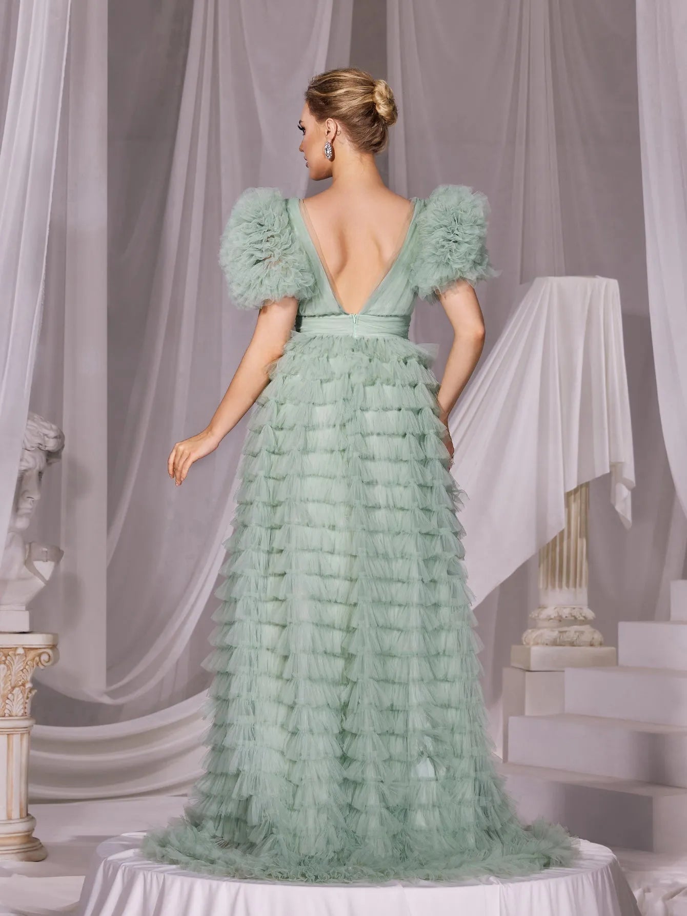 Ruffle Trim V Neck Puff Sleeves Cake Prom Dress