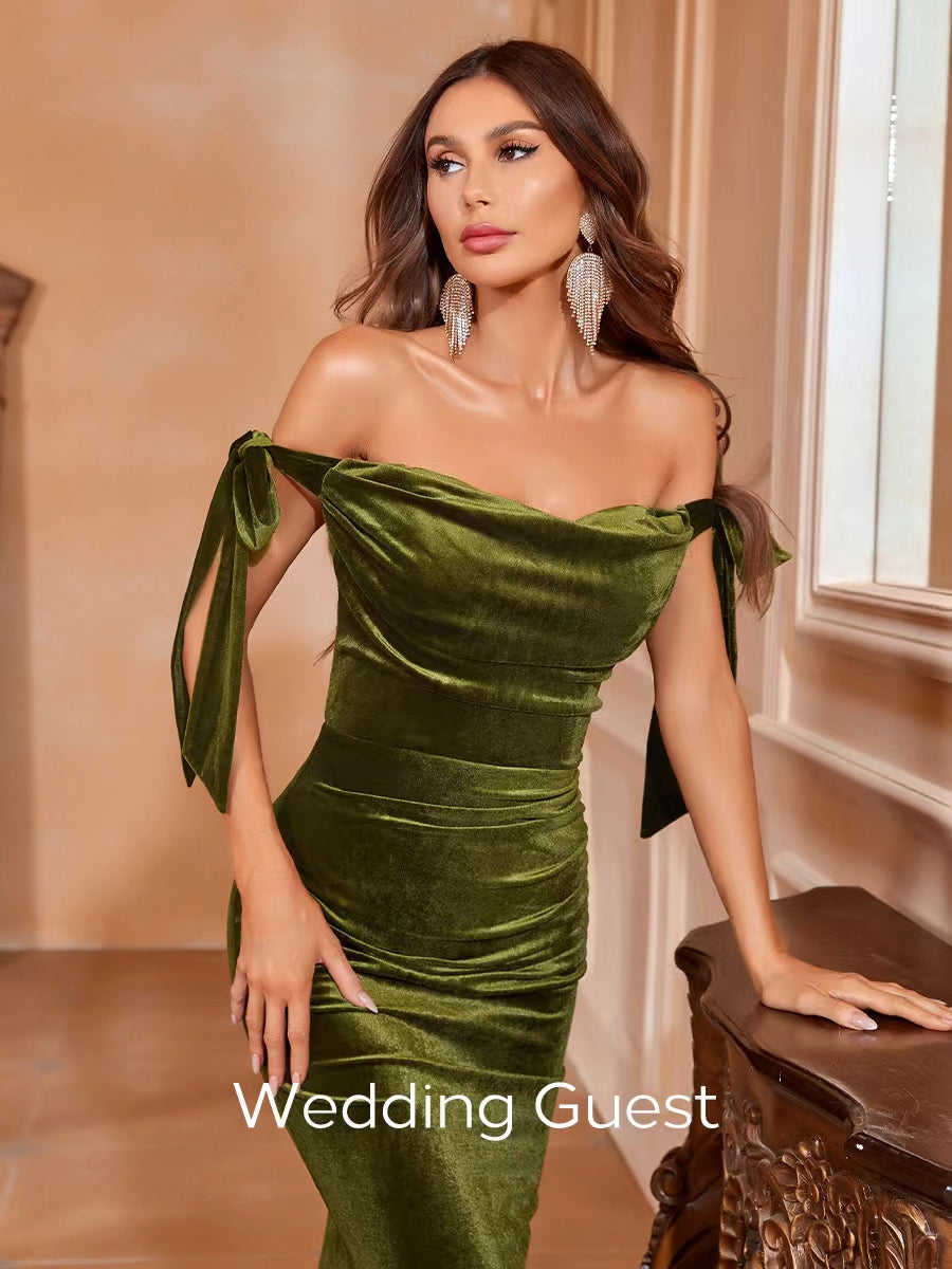 Off Shoulder Ruched Bust Satin Wedding Dress – Elonnashop