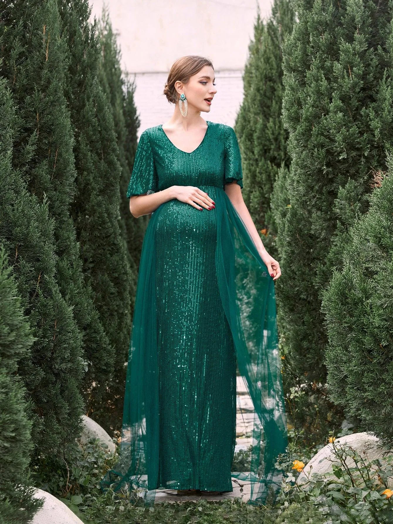 Maternity Mesh Overlay Puff Sleeves Sequin Prom Dress - Elonnashop