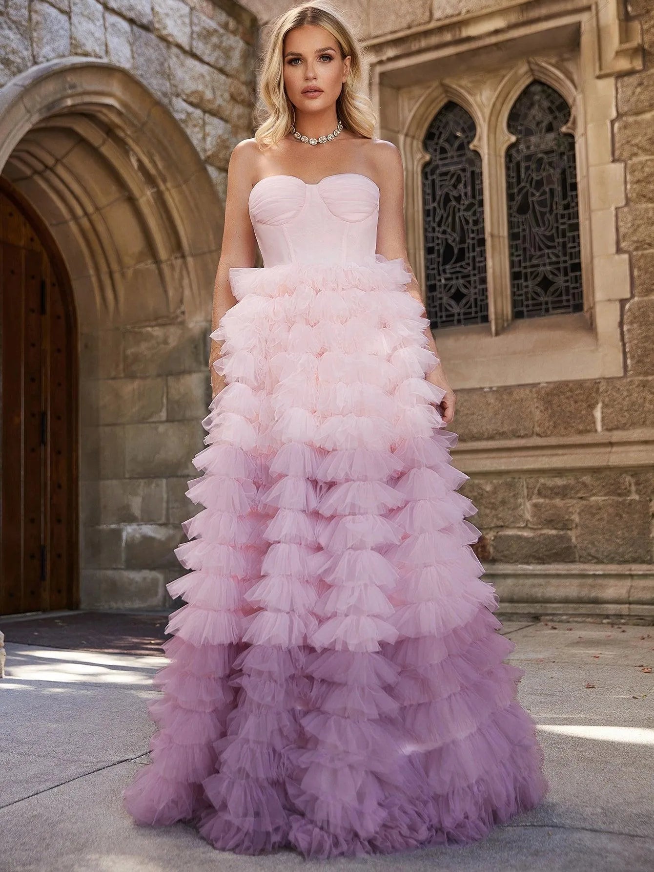 Ruched Bustier Ombre Layered Mesh Hem Wedding Dress Elonnashop Ruched Bustier Ombre Layered Mesh Hem Wedding Dress Elonnashop