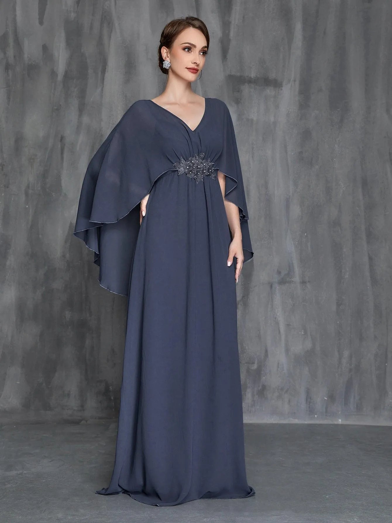 Womens' Applique Detail V Neck Chiffon Cape Dress - Elonnashop