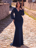 Plus Surplice Neck Lantern Sleeves Chiffon Formal Mermaid Dress