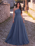 Elegant One-Shoulder Evening Gown | Flowy A-Line Skirt, Open Back | Formal Maxi Dress for Galas, Weddings, Prom