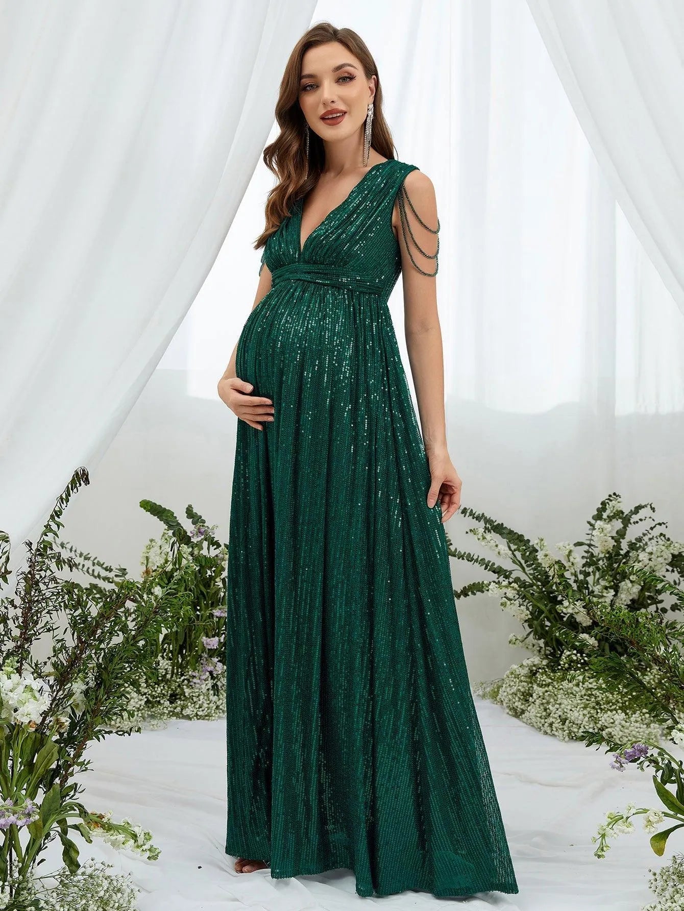 Maternity Chain Detail Plunging Neck Sequin Dress - Elonnashop