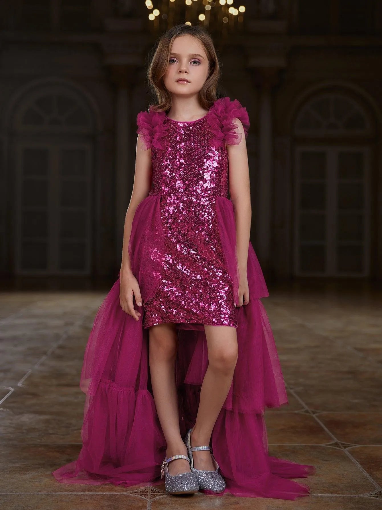 Tween Girls' Sleeveless Mesh Layered Hem Sequin Party Dress - Elonnashop