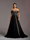 Gorgeous Off Shoulder Lace Bodice Contrast Tulle Hem Evening Gown Wedding Dress