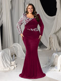 Plus Velvet Mermaid Gown with Sweetheart Neckline, Long Sleeves and Sequins Embroidery