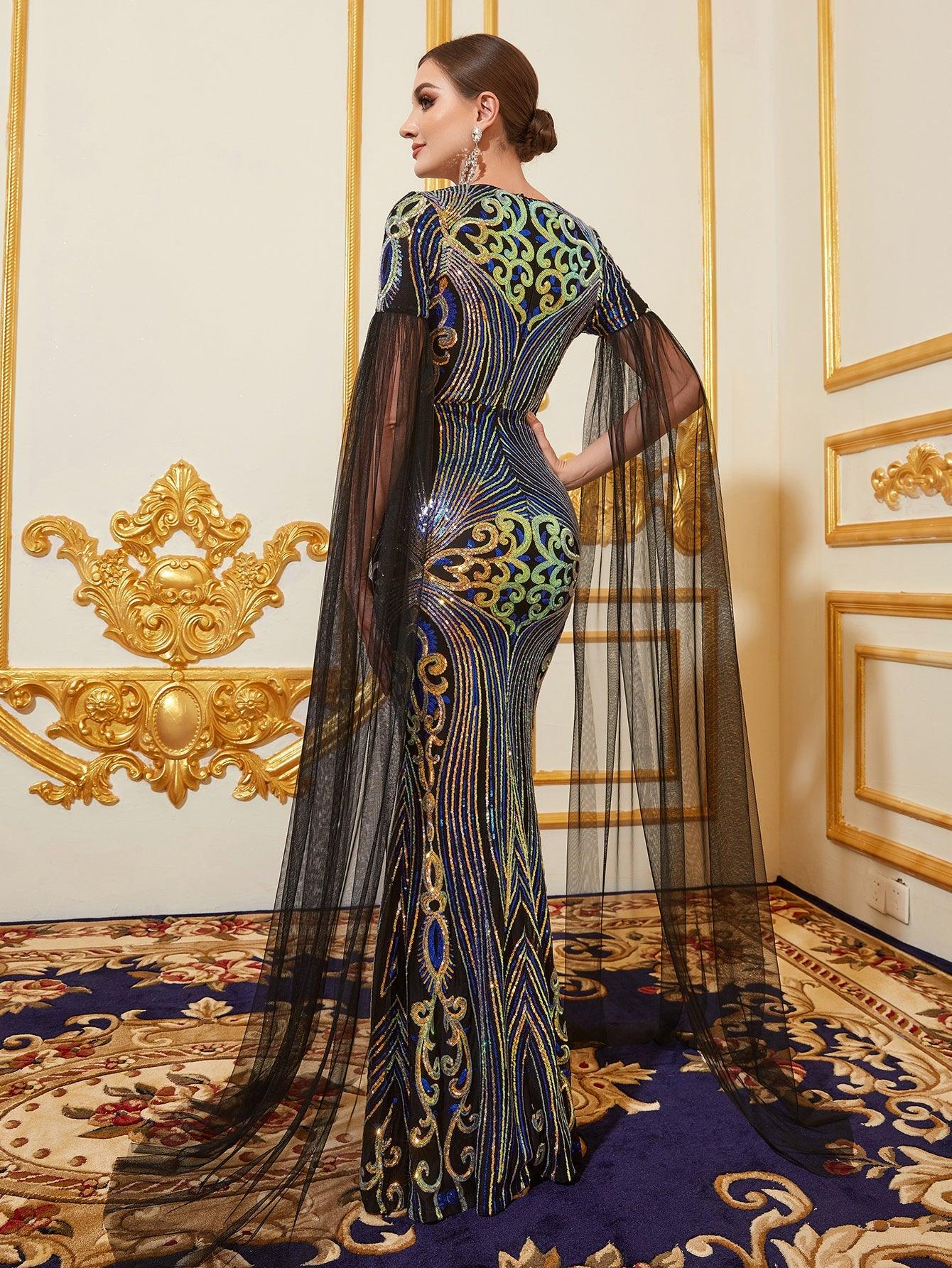 Extra-Long Sleeve Contrast Mesh Graphic Sequin Dress - Elonnashop