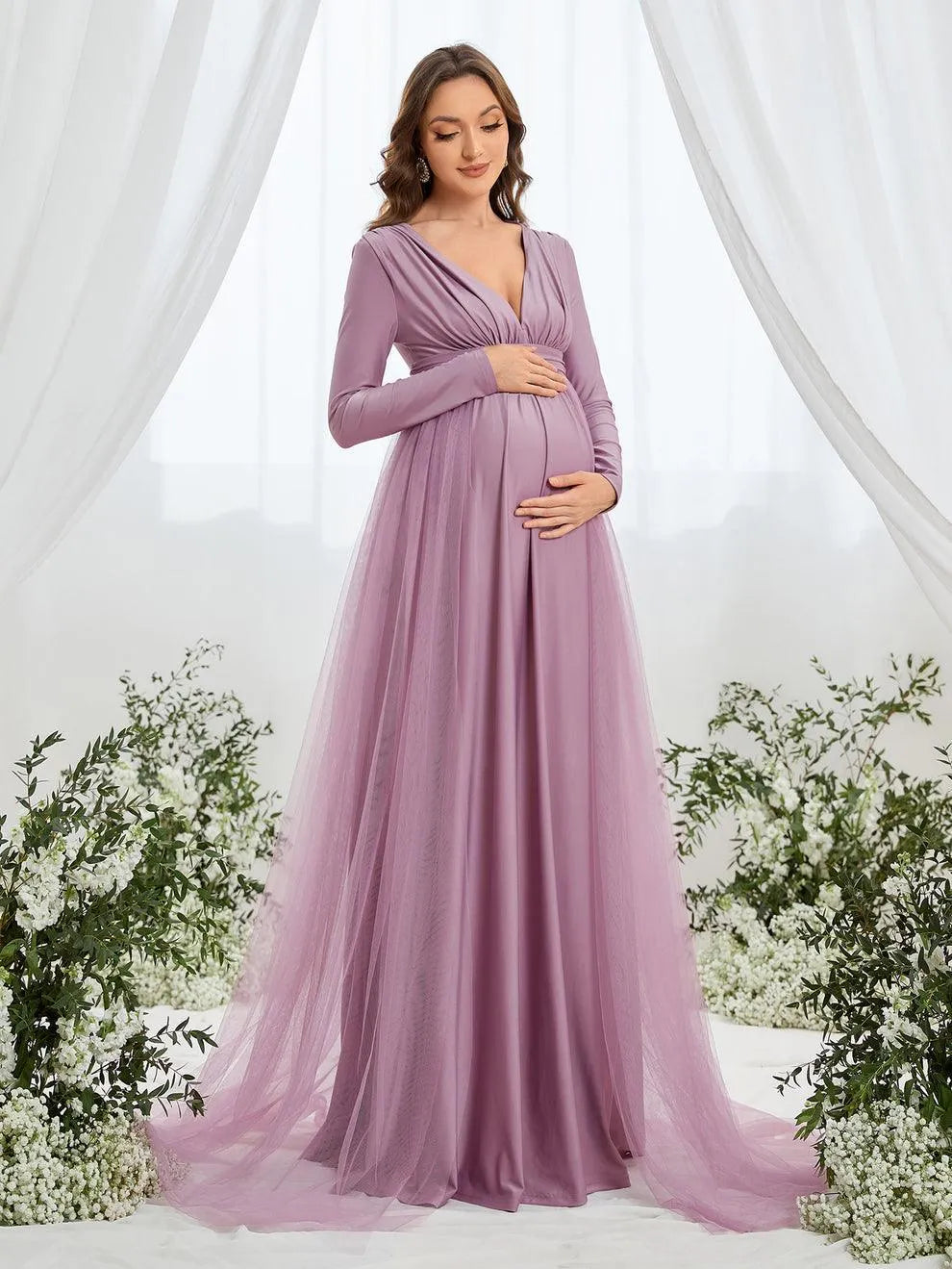 long sleeve purple maternity dress Purple Maternity Maxi Dress with Long Sleeves