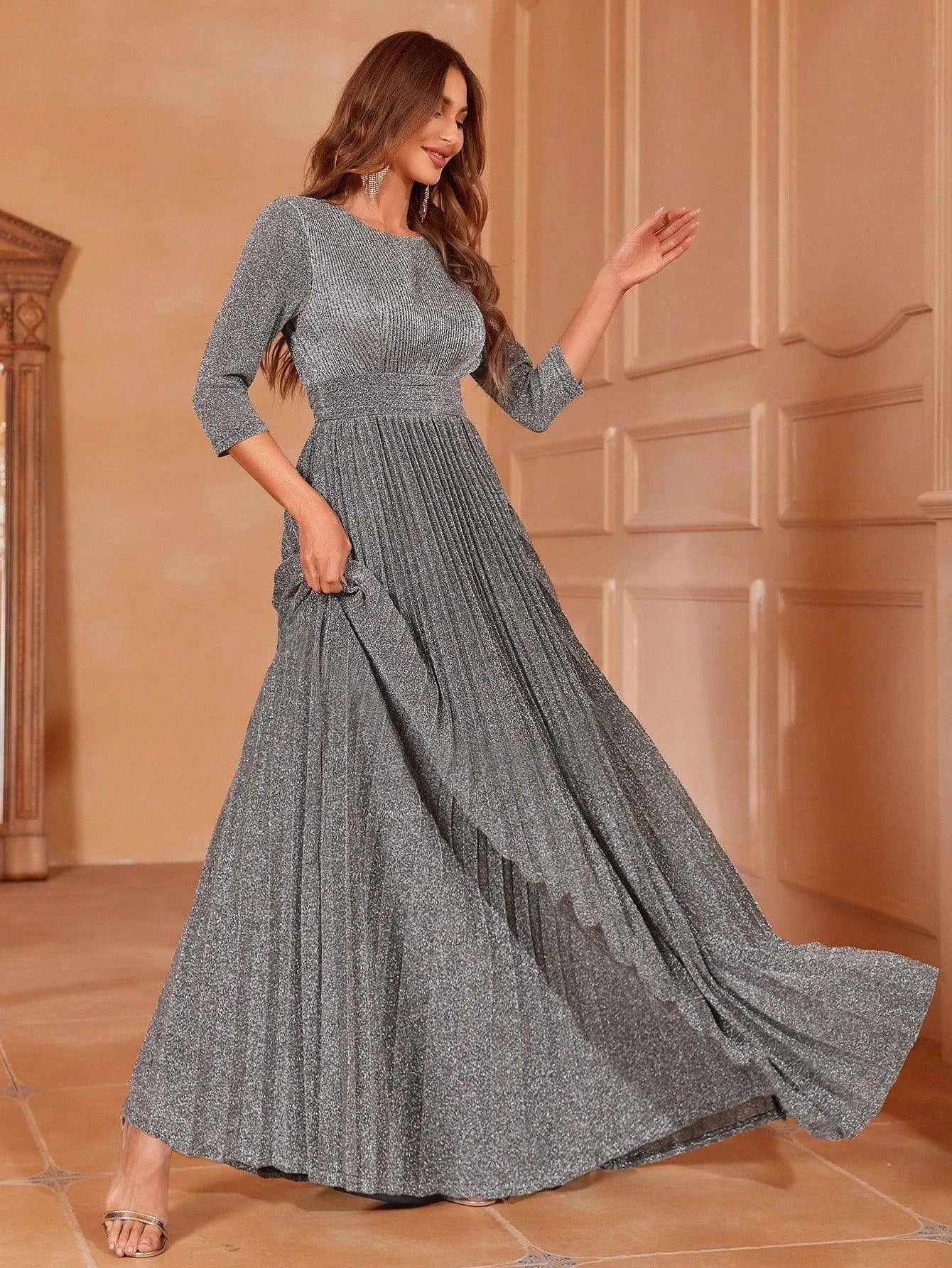 Glitter 3/4 Sleeves Pleated A Line Dress - Elonnashop