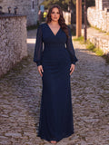 Plus Surplice Neck Lantern Sleeves Chiffon Formal Mermaid Dress