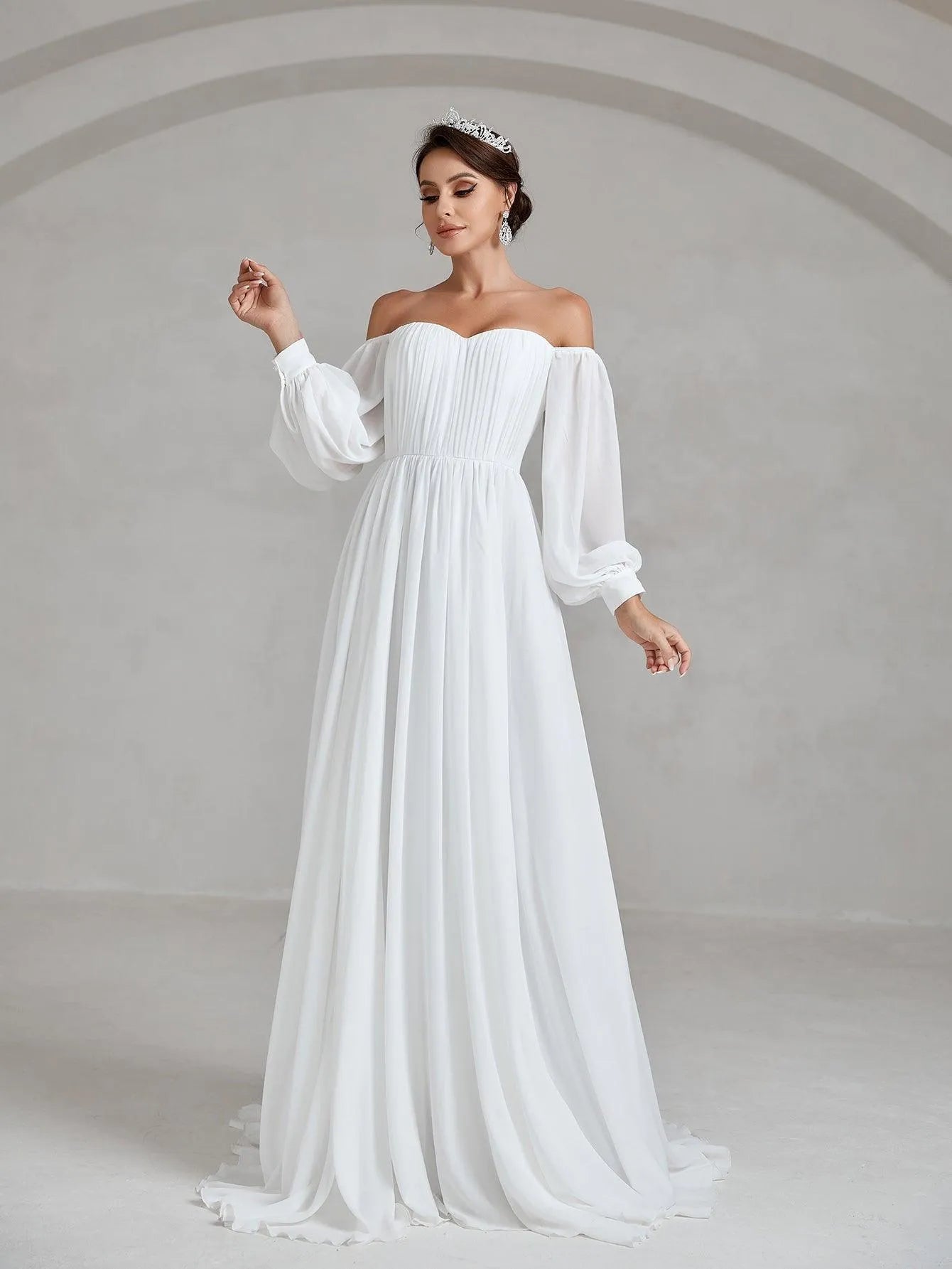 Off Shoulder Lantern Sleeve Chiffon Wedding Dress - Elonnashop