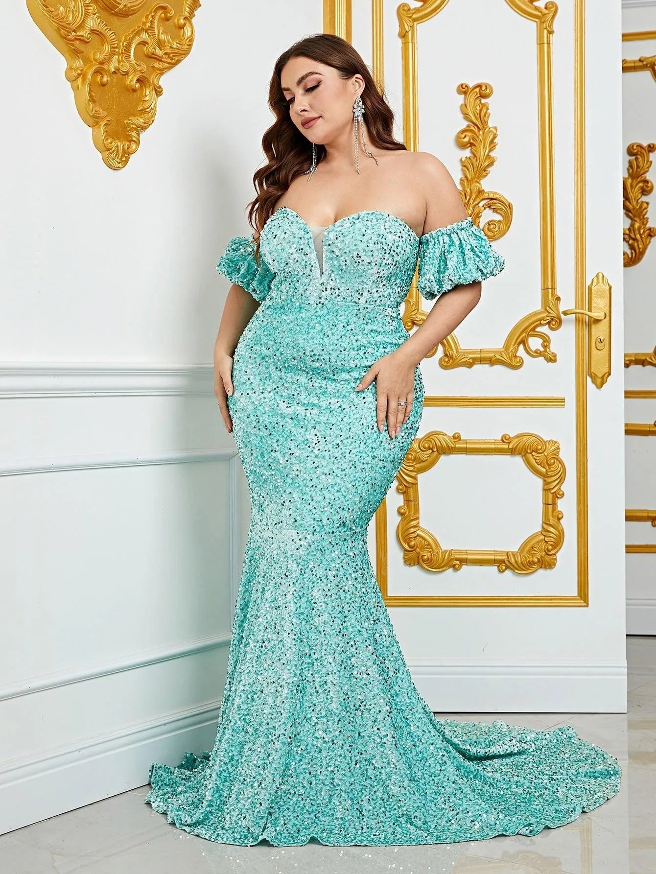 Plus Off Shoulder Puff Sleeves Mermaid Sequin Prom Dress - Elonnashop