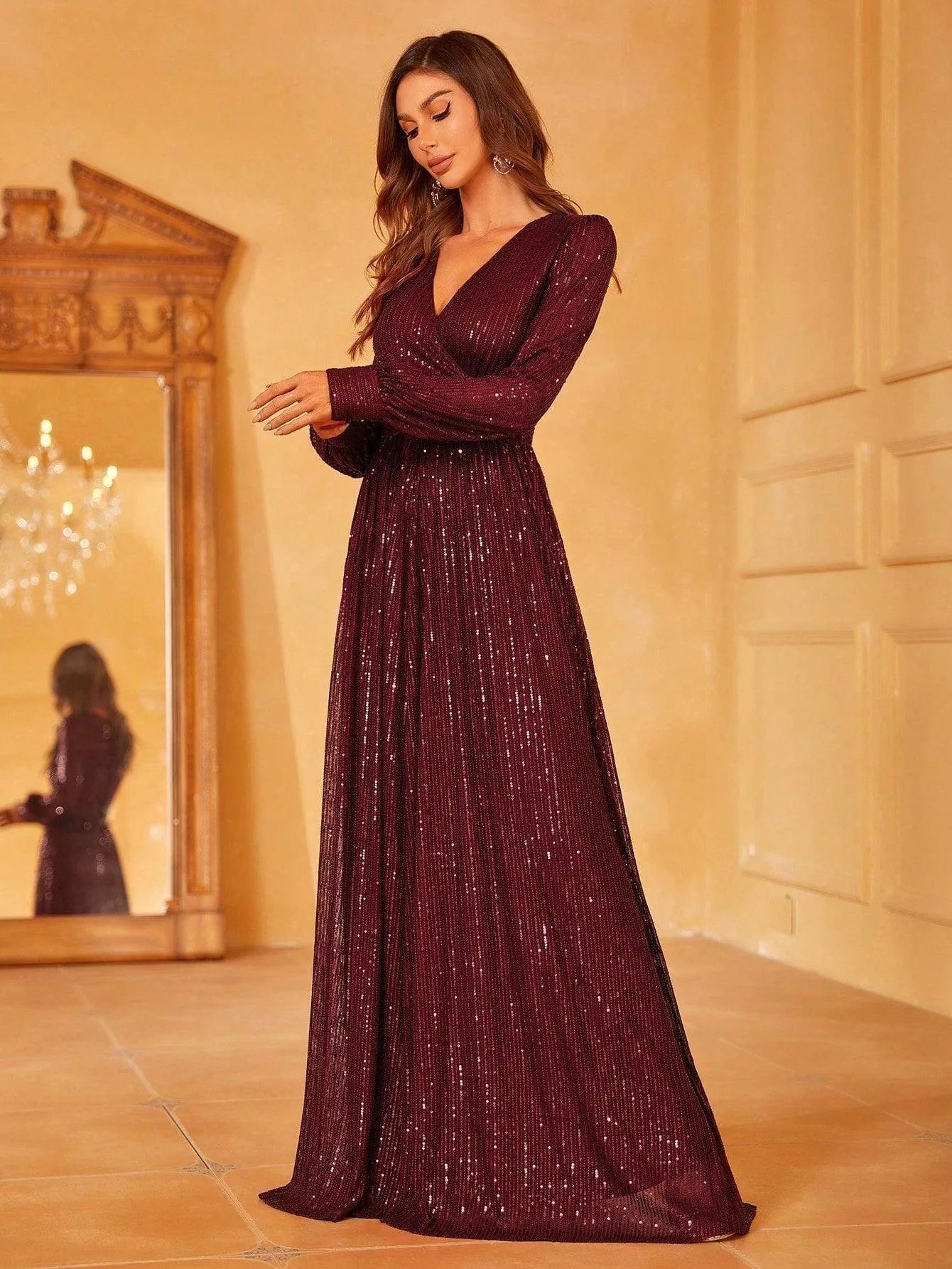 Elegant V Neck Long Sleeves Sequin A Line Dresses Royal Blue / XL Elegant V Neck Long Sleeves Sequin A Line Dresses Royal Blue / XL