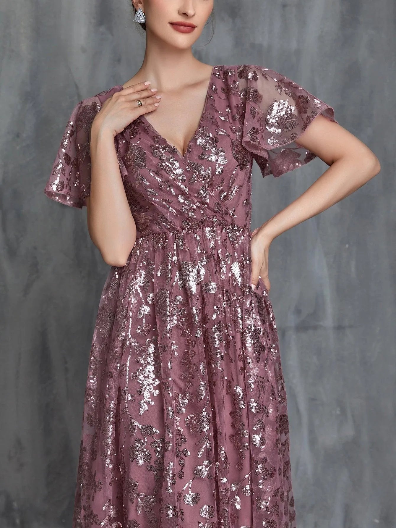 Womens' Surplice Neck High Low Hem Sequin Party Dress - Elonnashop