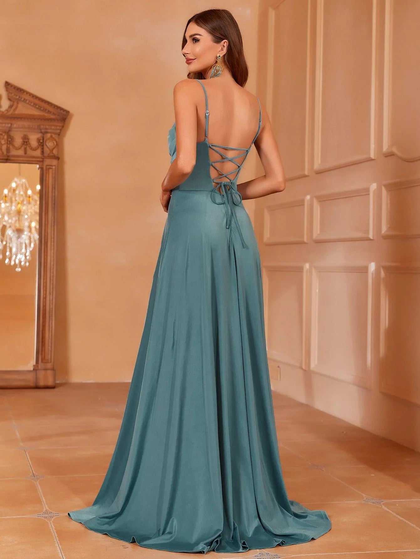 Elegant Ruched Draped Collar Cami Bridesmaid Dress - Elonnashop