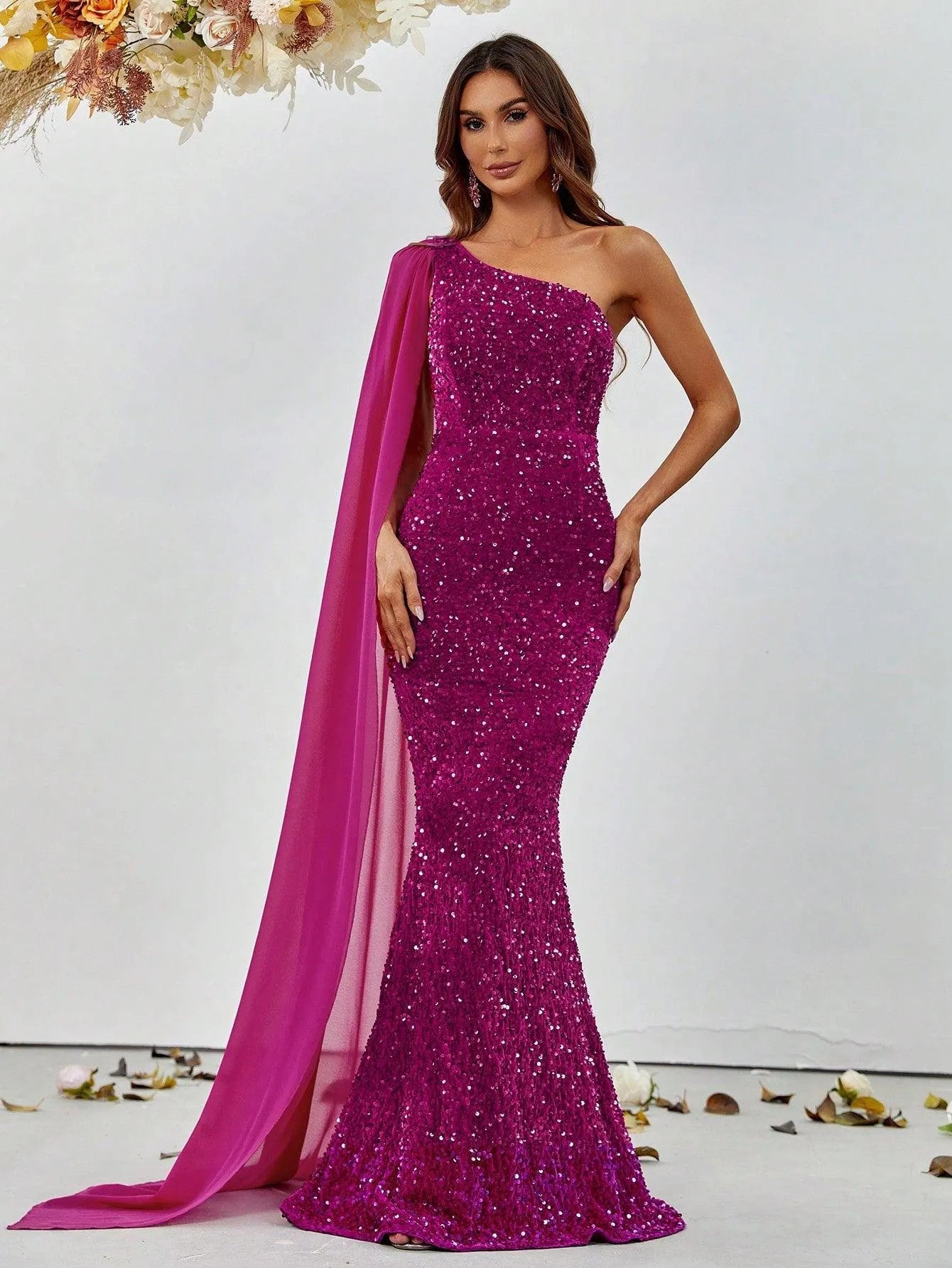 Elegant Sequin One Shoulder Sash Prom Dresses - Elonnashop