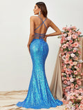 Spaghetti Strap Backless Lace Up Sequin Mermaid Dress - Elonnashop