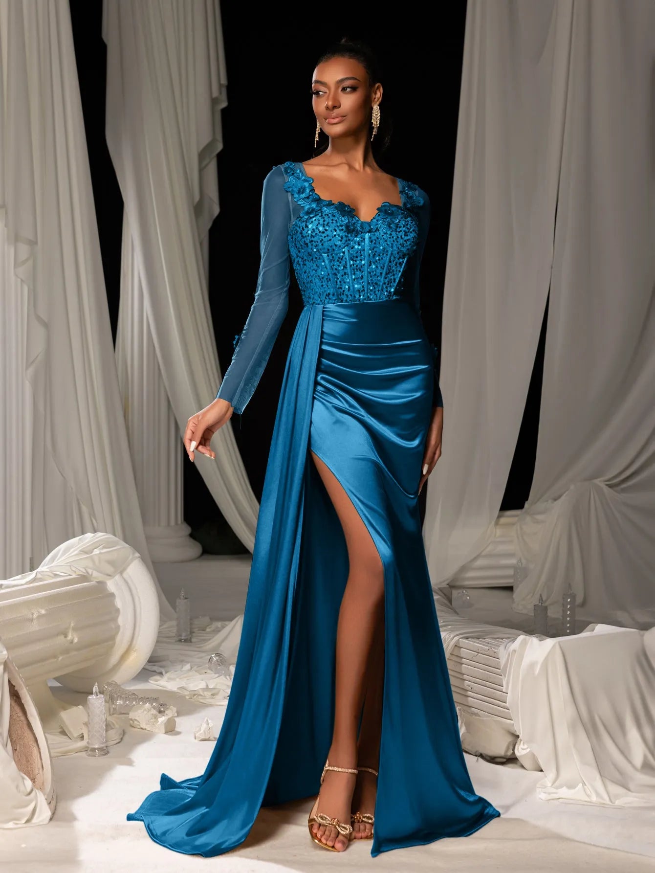 Elegant Sequin Bodice Sheer Sleeves Mermaid Hem Satin Evening Dress Elonnashop Elegant Sequin Bodice Sheer Sleeves Mermaid Hem Satin Evening Dress Elonnashop