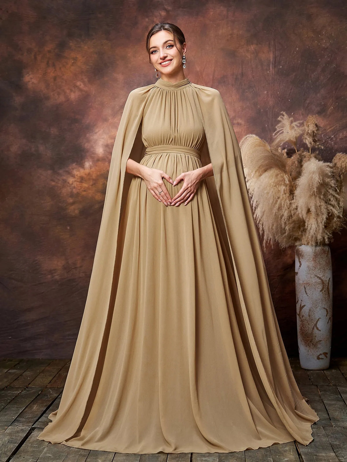 Maternity Mock Neck Cape Sleeves Chiffon Evening Dress