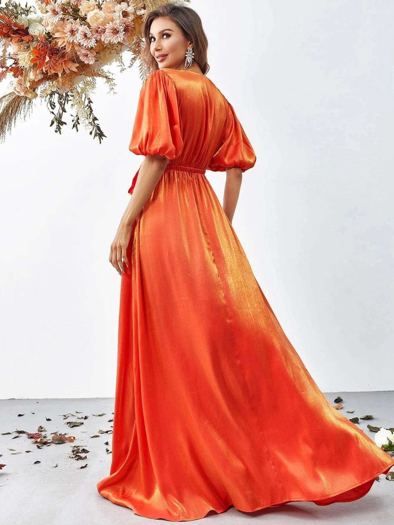 Orange Plunging Neck Puff Sleeve Belted Dress - Elonnashop